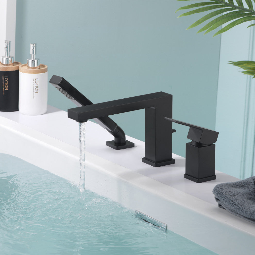 Luxier RTF17 Deck-Mount Roman Tub Faucet With Hand Shower, Matte Black