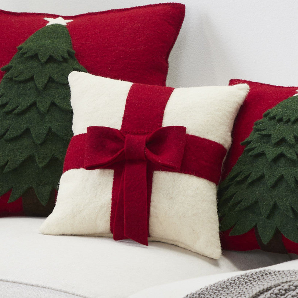 Handmade Christmas Pillow Cover in Hand Felted Wool - Tree on Red - 14", Pillow (Includes Insert)