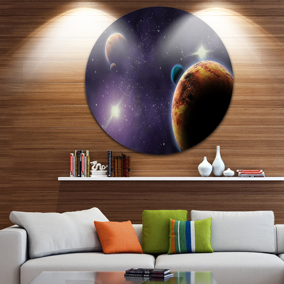Planets In Deep Dark Space, Contemporary Round Wall Art, 36"