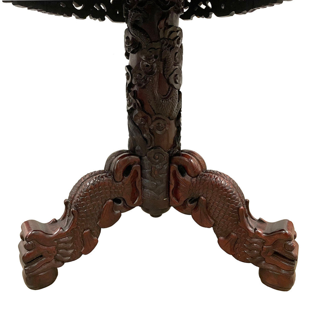 Consigned 20 Century Chinese Marble Top Hardwood Carved Round Dinning Table set