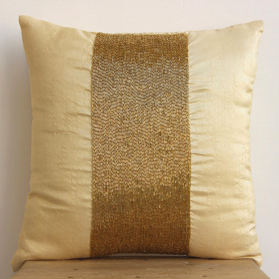 Metallic Beaded 18x18 Art Silk Gold Throw Pillows Cover for Couch, Gold Center