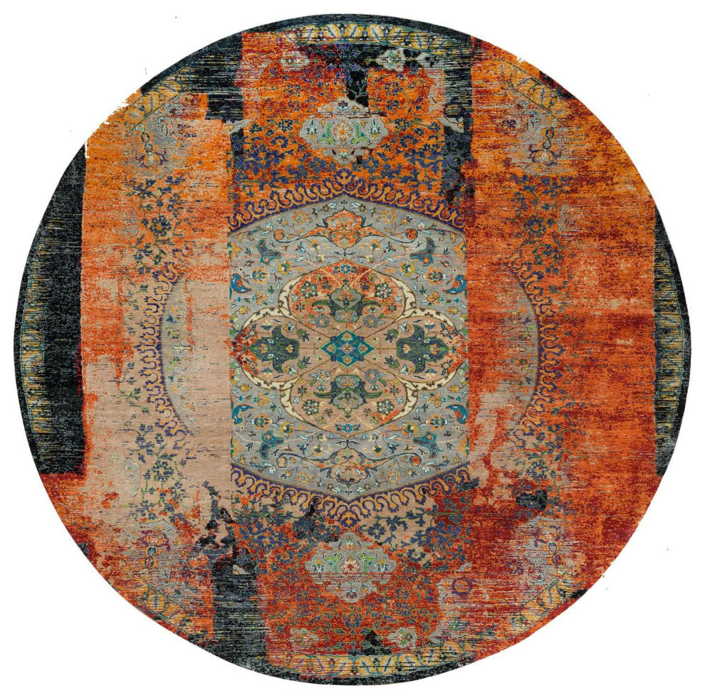 Orange Ancient Ottoman Erased Design Wool Hand Knotted Round Rug 12'1"x12'1"