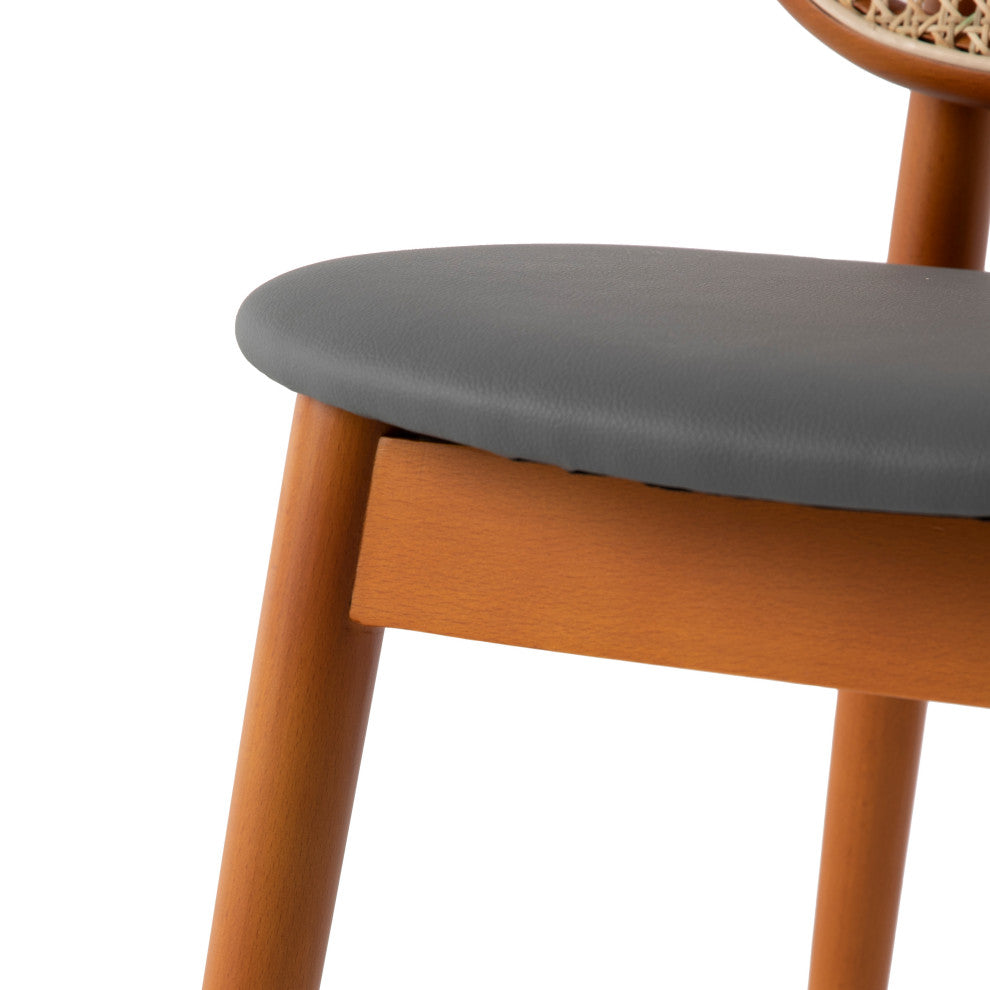 LeisureMod Holbeck Wicker Dining Chair With Leather Seat Set of 2, Grey
