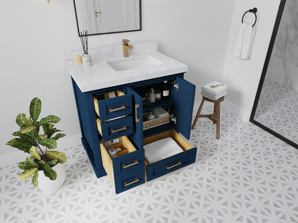 Boston 36 Right Offset Bath Vanity in Navy Blue 2" Pearl Gray