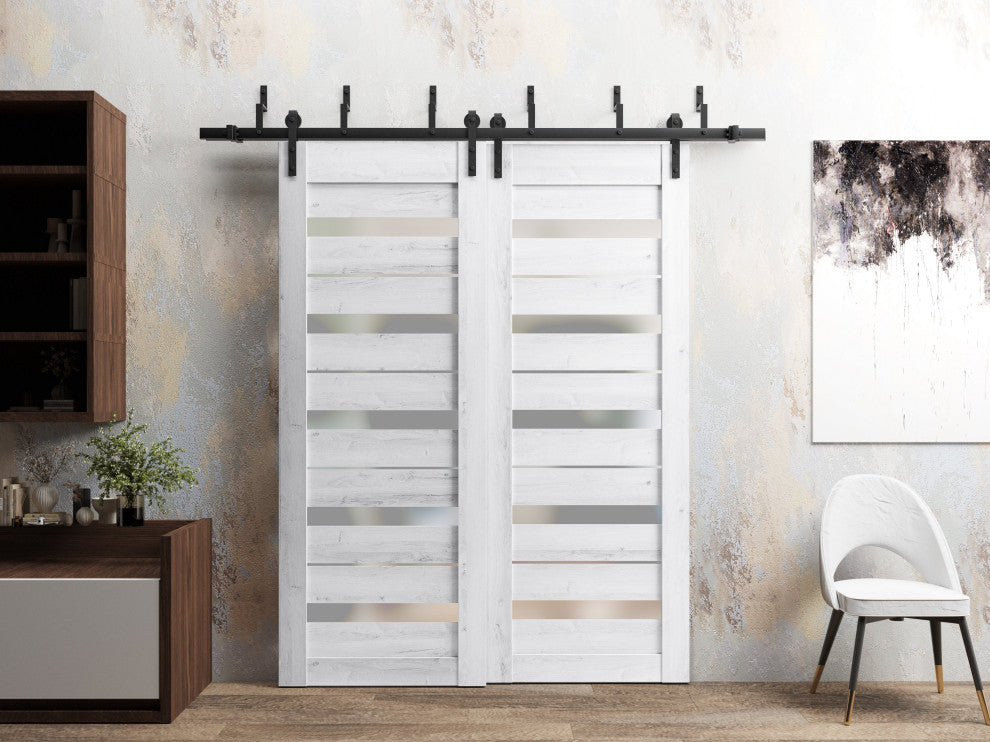 Slab Barn Door 32 x 84, Quadro 4445 Nordic White & Frosted Glass, Sliding