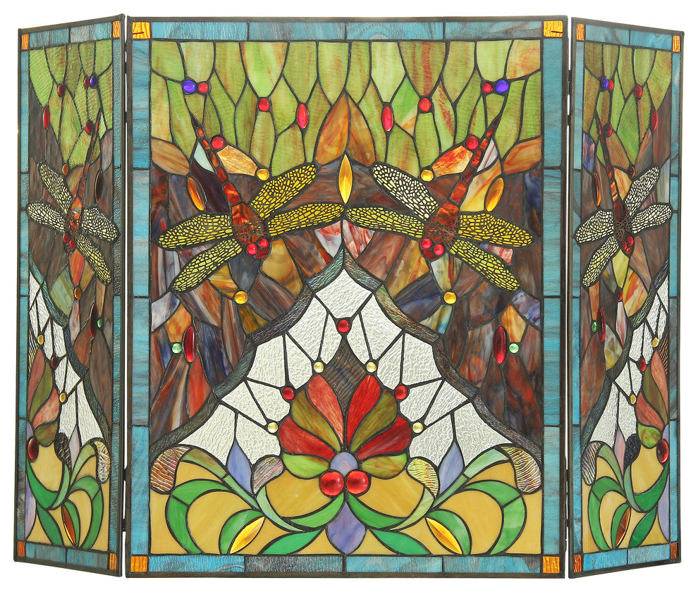 Anisoptera Purity Tiffany-Glass 3-Piece Folding Dragonfly Fireplace Screen