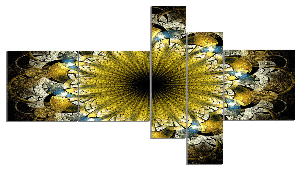 Dark Yellow Fractal Flower, Abstract Canvas Art Print, 60"x32", 5 panels