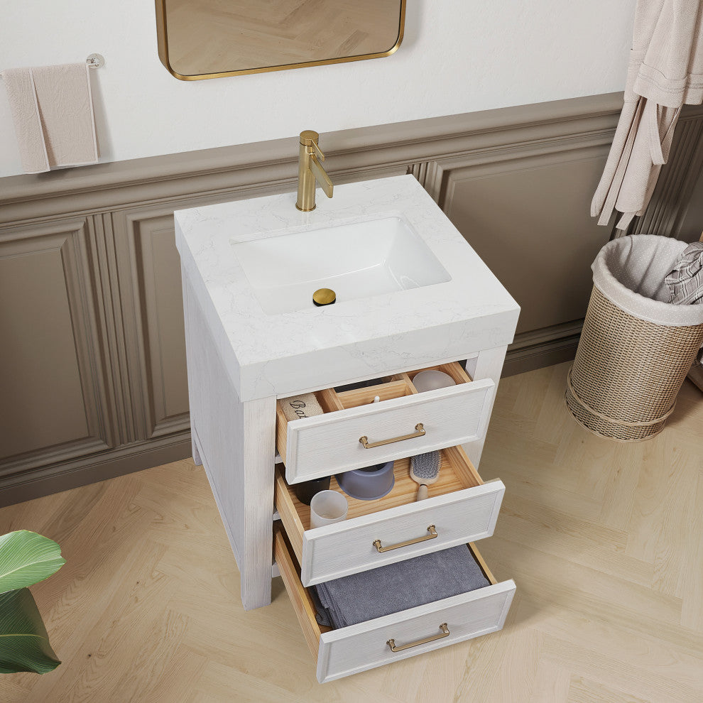 Leon Bath Vanity With Composite Stone Top, Washed White, 24", No Mirror