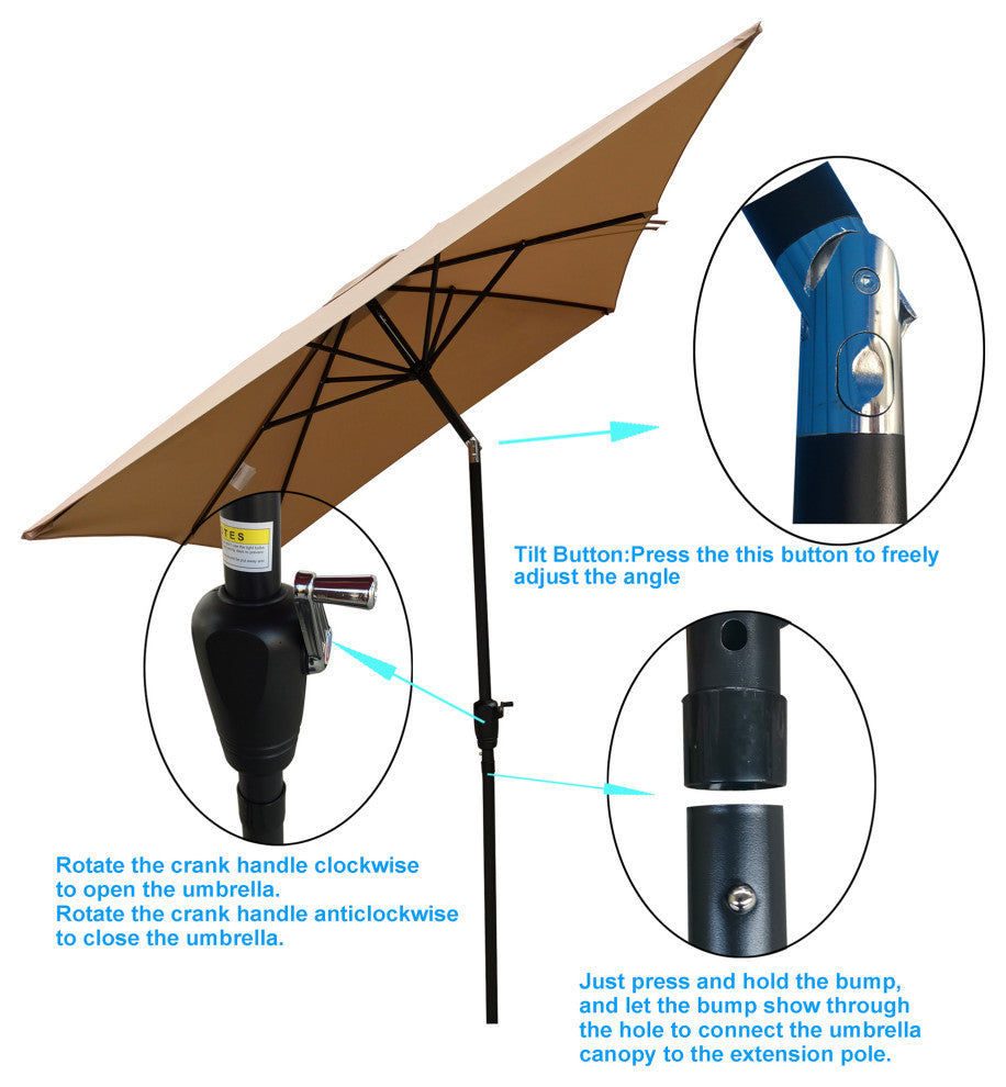 9' Outdoor Patio Market Umbrella With Push Button Tilt and Crank, Tan