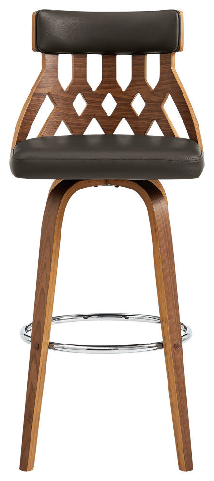 26" Cream Faux Leather Curved Back Walnut Wood Swivel Bar Stool
