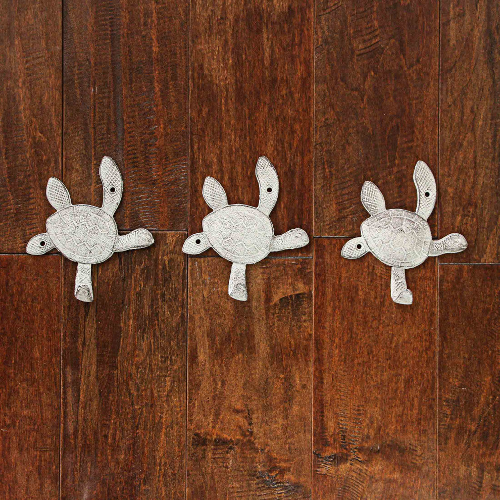 6 Inch Cast Iron Antique White Sea Turtle Wall Hook Towel Hanger Hat Rack Set/3