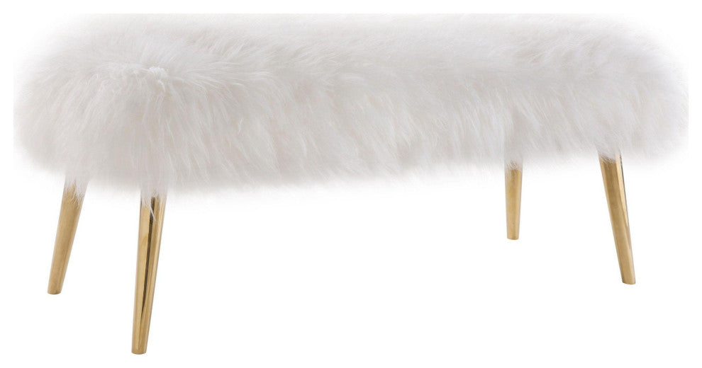 Churra White Sheepskin Bench With Gold Legs