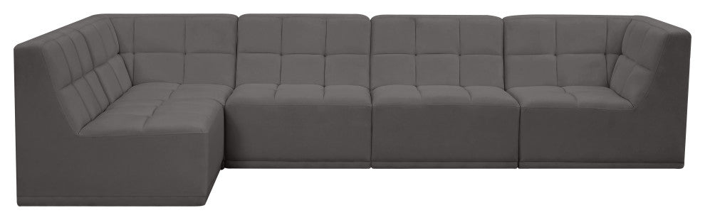 Relax Velvet Upholstered 5-Piece L-Shaped Modular Sectional, Grey