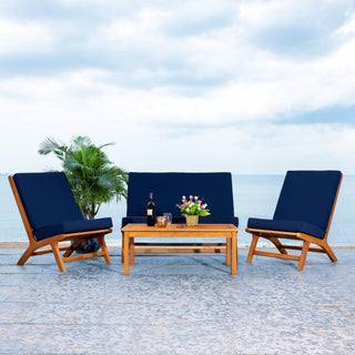 Safavieh Chaston Indoor-Outdoor 4-Piece Living Set, Natural Wood/Navy Cushion