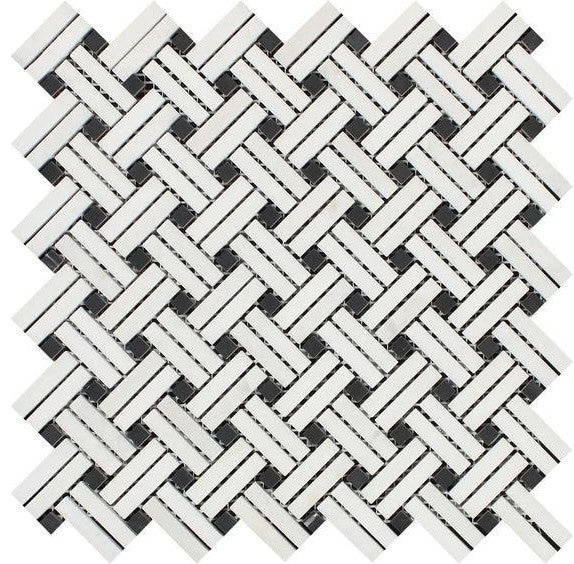 Thassos White Marble Polished Stanza Basketweave Mosaic Tile w/ Black Dots