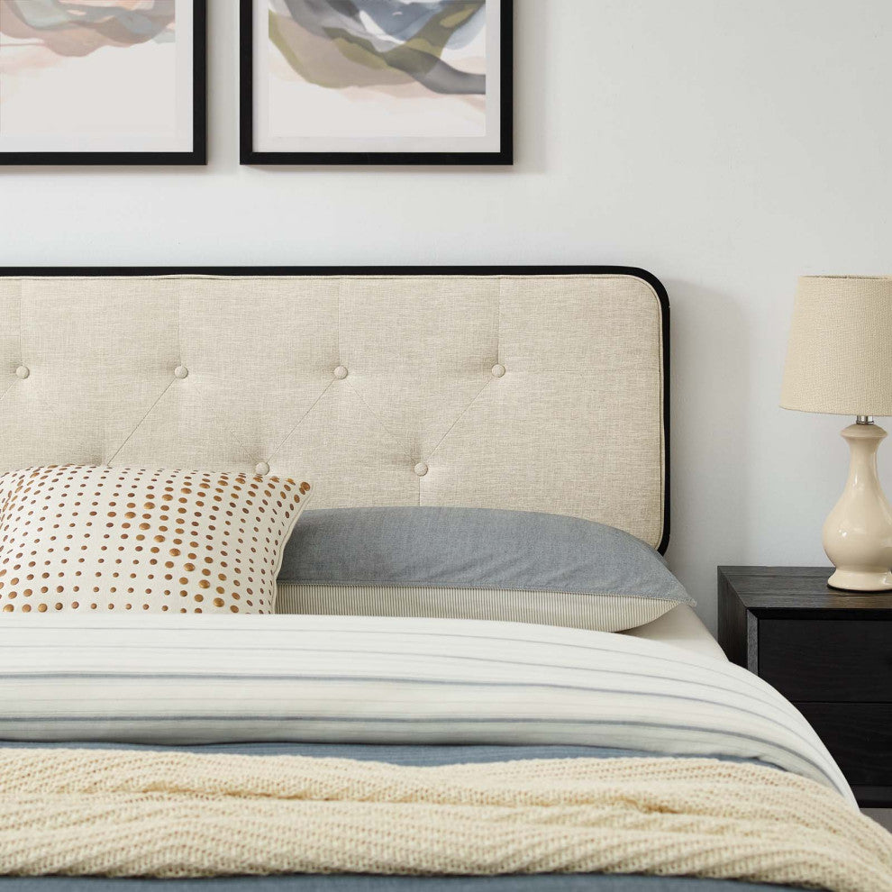 Platform Bed Frame, King Size, Wood, Black Beige, Modern Mid-Century, Bedroom