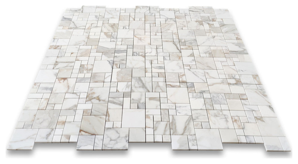 Calacatta Gold Marble Mini Versailles French Paragon Mosaic Tile Honed, 1 sheet