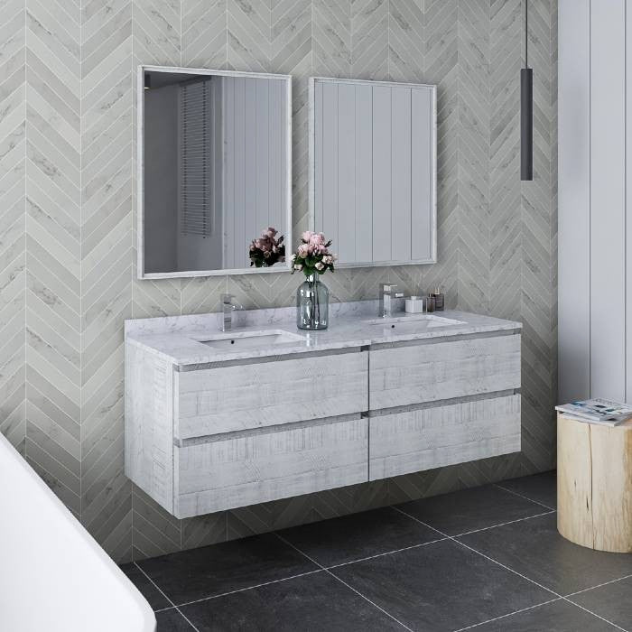 Fresca Formosa Modern 60" Rustic White Double Sink Vanity Set, Faucet Fft9151bn