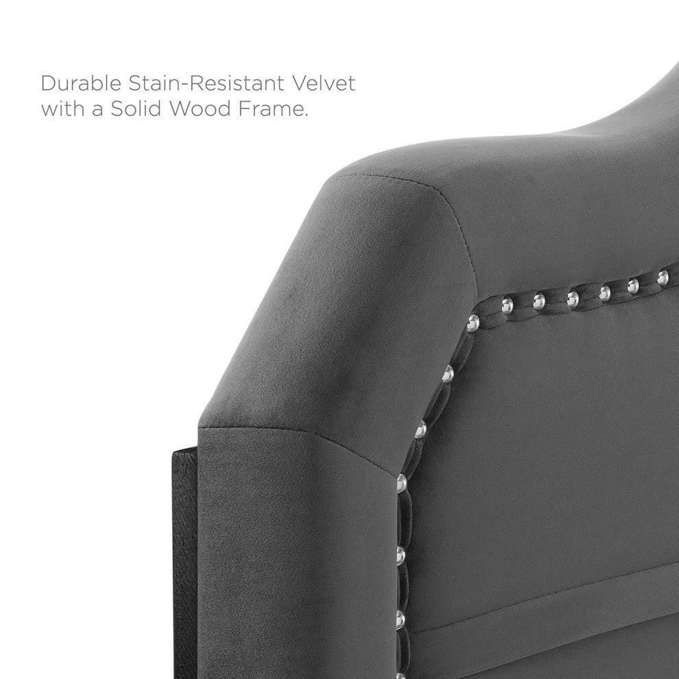 Platform Bed Frame, Full Size, Velvet, Dark Gray, Modern Contemporary