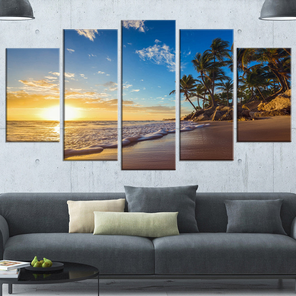 Paradise Tropical Island Beach Sunrise, Seashore Canvas Print, 60"x32", 5 Panels