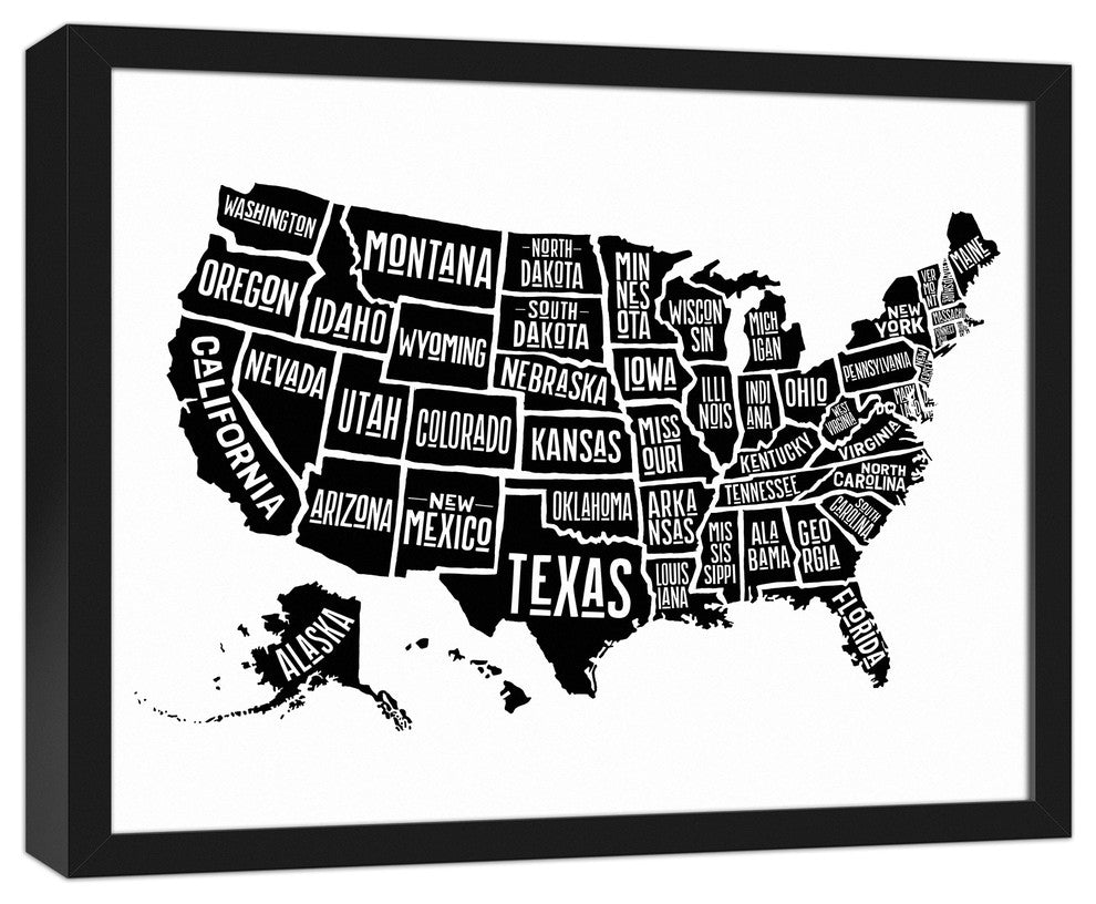 Simple US Map 16x20 Black Framed Canvas