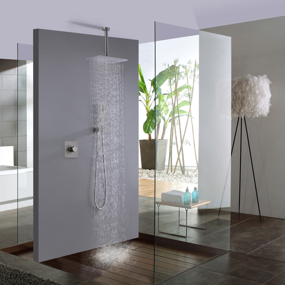 Ceiling Mounted Rain Shower System with Hand Shower-Includes Rough-in Valve, Brushed Nickel