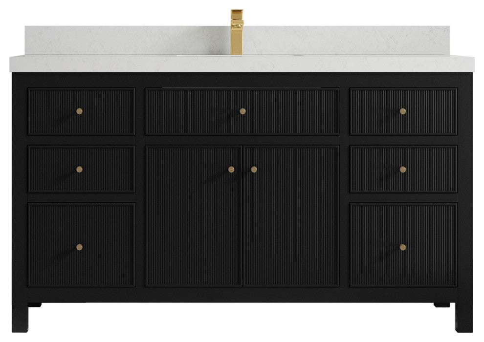 Sonoma 60 Single Sink Reeded Bathroom Vanity in Black 2" Carrara Quartz