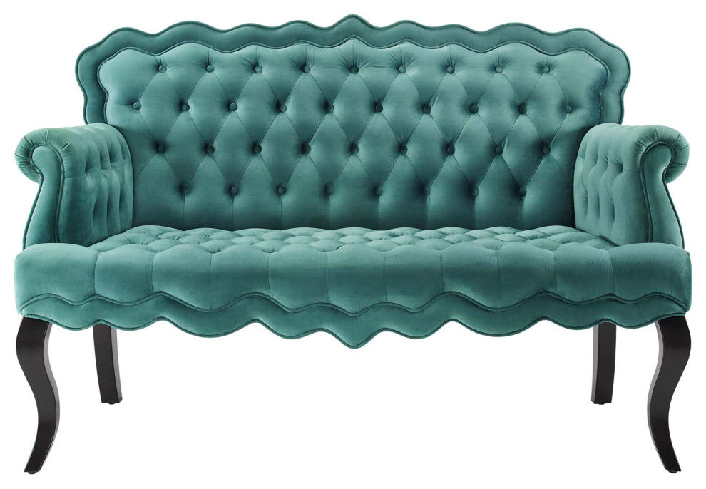 Modern Designer Lounge Loveseat Settee Sofa, Velvet Fabric, Aqua Blue