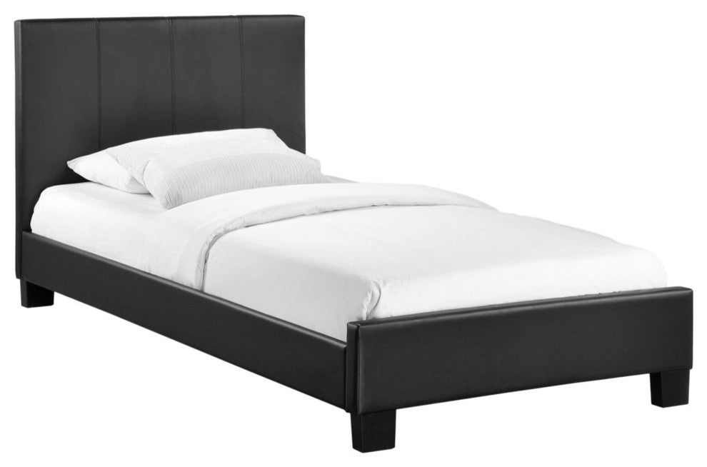 Modern Contemporary Twin Size Fabric Bed Frame, Black Faux Leather