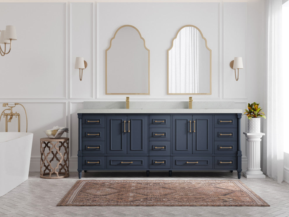 Aberdeen 84 Double Sink Bath Vanity in Hale Navy Blue  2" Carrara Quartz