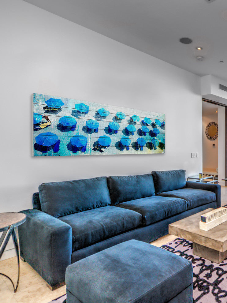 "Umbrellas Blue" Painting Print on White Wood, 60"x20"