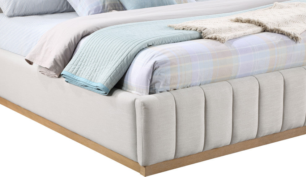 Lucia Beige Linen Textured Fabric Full Bed, Cream, King, Natural Finish