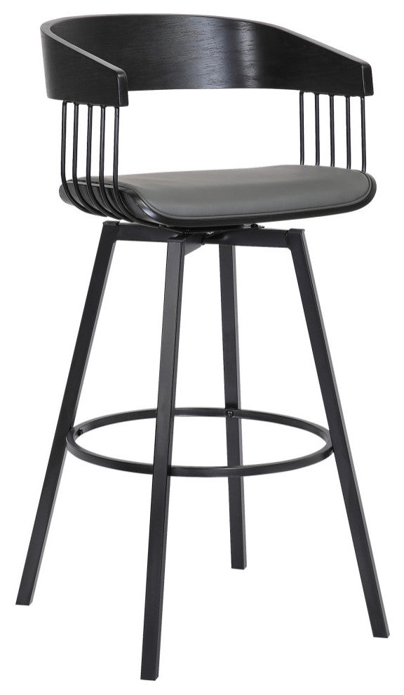 Athena Swivel Black Wood Counter Stool, Gray Faux Leather With Black Metal, 27"