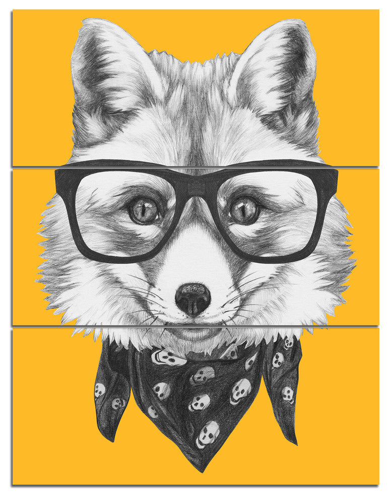 Funny Fox with Formal Glasses, Contemporary Animal Art Canvas, 28x36, 3 Panels