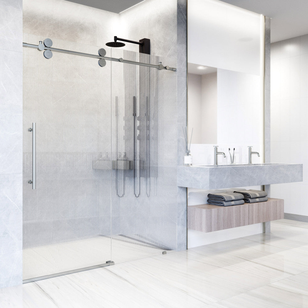 VIGO Elan 68" to 72" W x 74" H Frameless Sliding Shower Door, Stainless Steel, Left, Fluted Glass