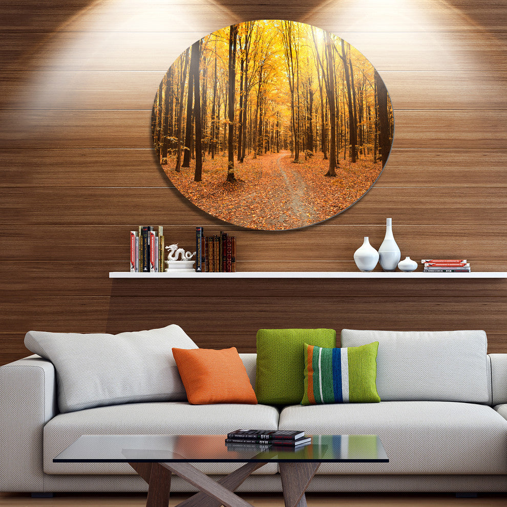 Yellow Treetops In Fall Forest, Modern Forest Disc Metal Artwork, 36"