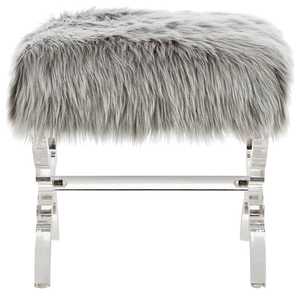 Enzo Faux Fur Acrylic X-Leg Ottoman, Gray