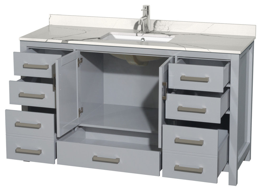 Sheffield 60" Gray Single Vanity, Calacatta Quartz Top, Square Sink, No Mirror