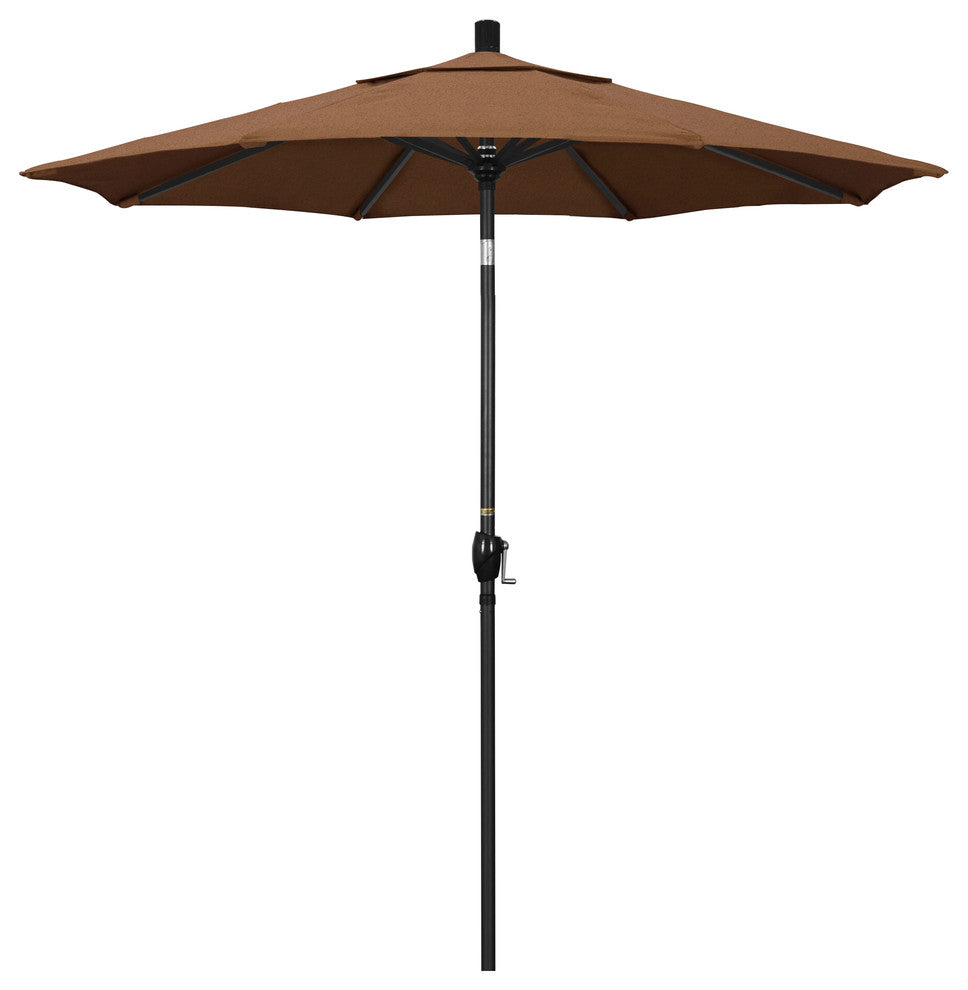 7.5' Matted Black Push-Button Tilt Crank Aluminum Umbrella, Teak Sunbrella