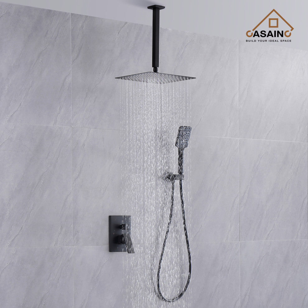 CASAINC 12" Ceiling Mounted Modern Waterfall Shower System Set, Matte Black