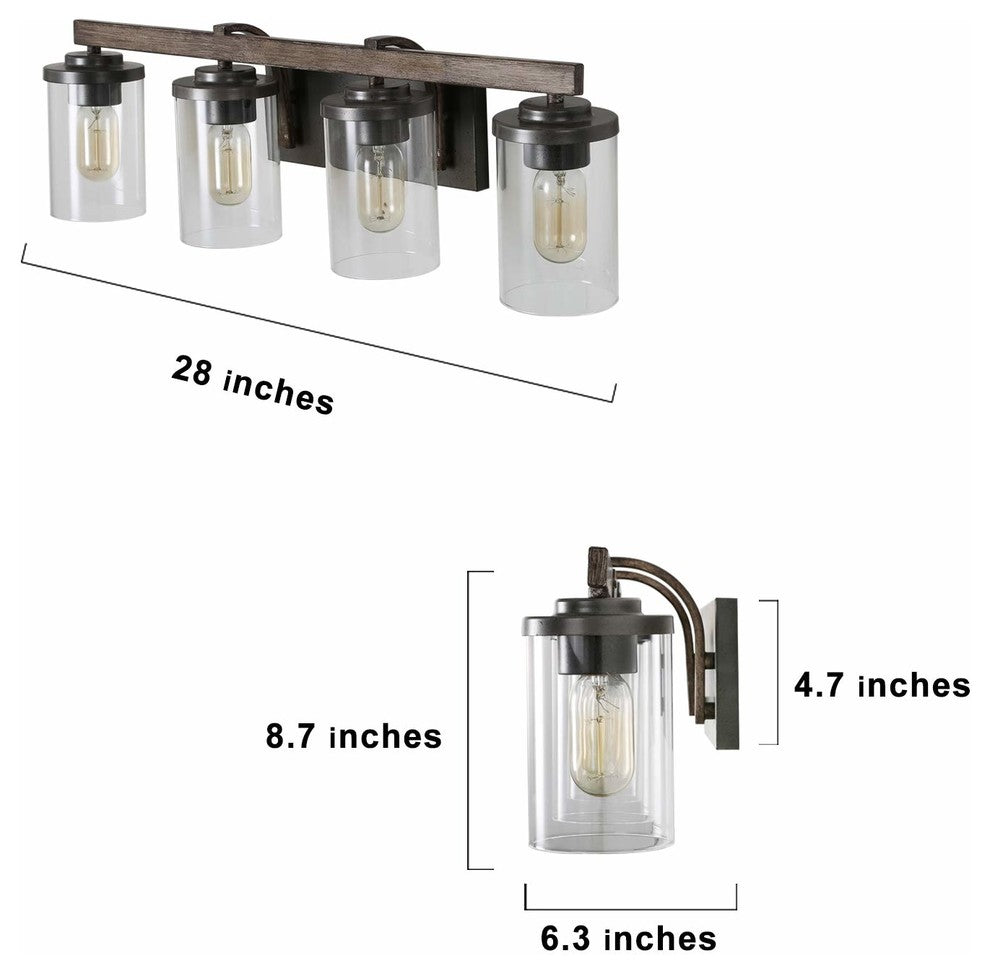 LALUZ Clear Glass Farmhouse Bathroom Vanity Lights, Bronze and Wood Grain, 4-Light
