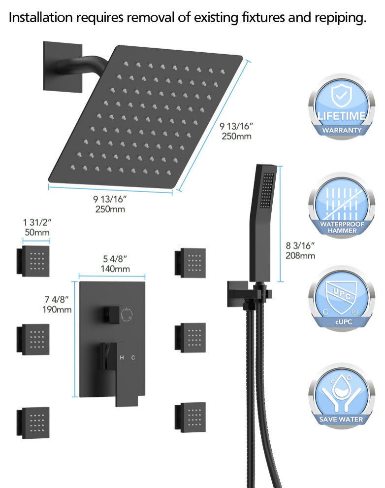 3-Function Shower Faucet System with Pressure Balance Valve, Matte Black