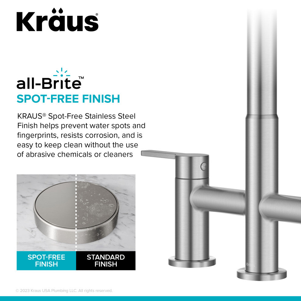 KRAUS Oletto 2-Function Pulldown 3-Hole Bridge Kitchen Faucet, Spot Free SS