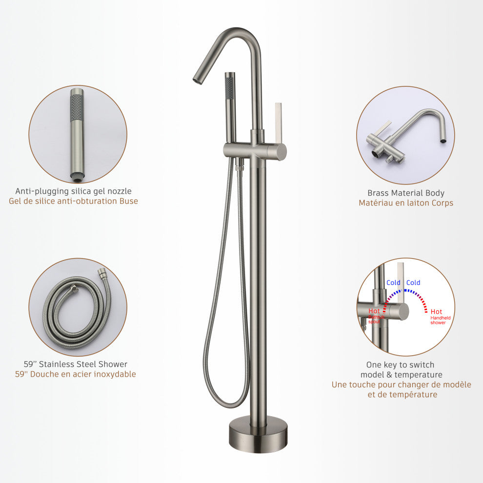 Freestanding Single-Handle Bathtub Faucet with Hand Shower, Brushed Nickel