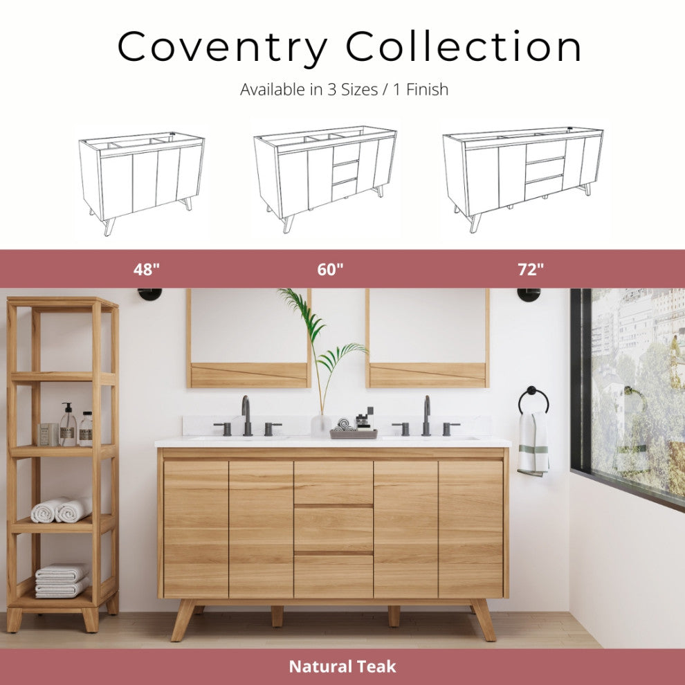 Avanity Coventry 73" Bath Vanity Combo, Natural Teak Finish, Carrara White Marble Top