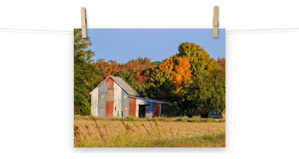 Patriotic Barn in Field Landscape Photo, Rural Unframed Wall Art Print, 11" X 14"