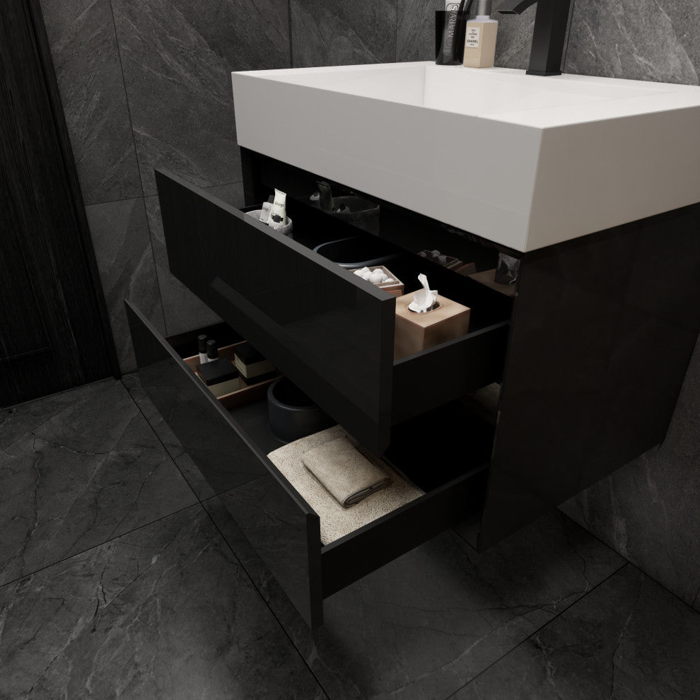 MAX 30" Floating Bath Vanity With Acrylic Sink, Gloss Black