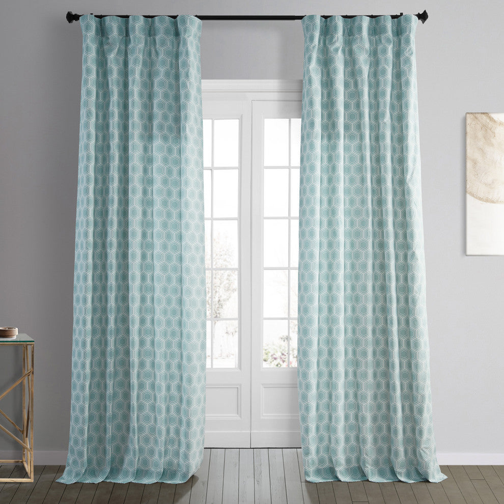 Honeycomb Ripple Printed Cotton Curtain Single Panel, Honeycomb Ripple Aqua, 50wx84l