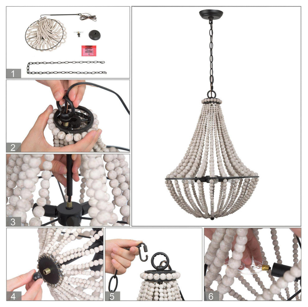 3-Light Distressed White and Matte Black Bohemian/Global Beaded LED Chandelier