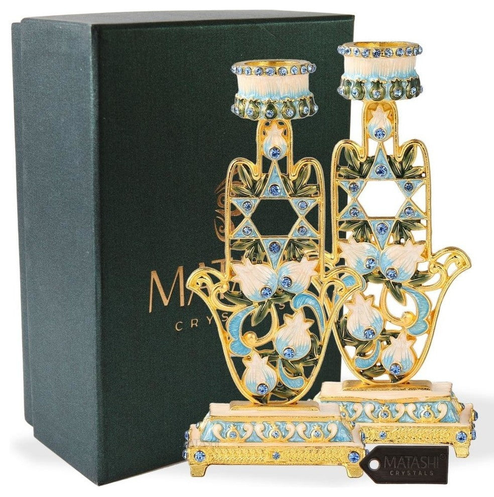 Shabbat Candlestick (2-Piece Set) Hand-Painted  Gold-Plated Pewter
